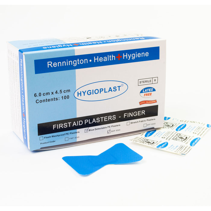 Blue Detectable Fingertip Plasters - Box of 100 - 6.0cm x 4.5cm
