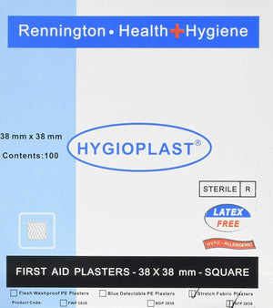 Hygioplast Sterile Stretch Fabric Elastic Plasters, 3.8 x 3.8 cm, Pack of 100